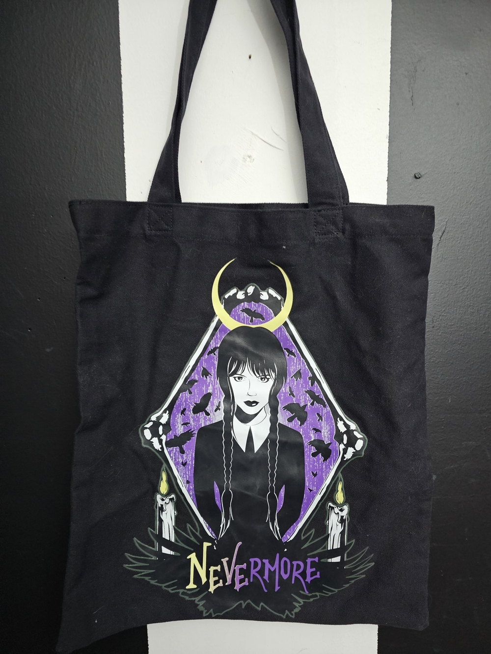 Black Canvas Tote Bag with Purple Gothic Nevermore Graphic